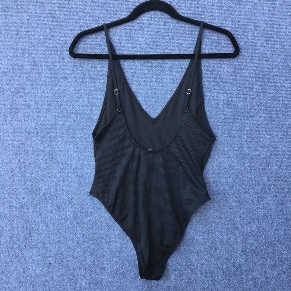 Forever 21 Swimsuit Black High Cut Leg Low Vneck Cheeky Ribbed Medium - Picture 2 of 6